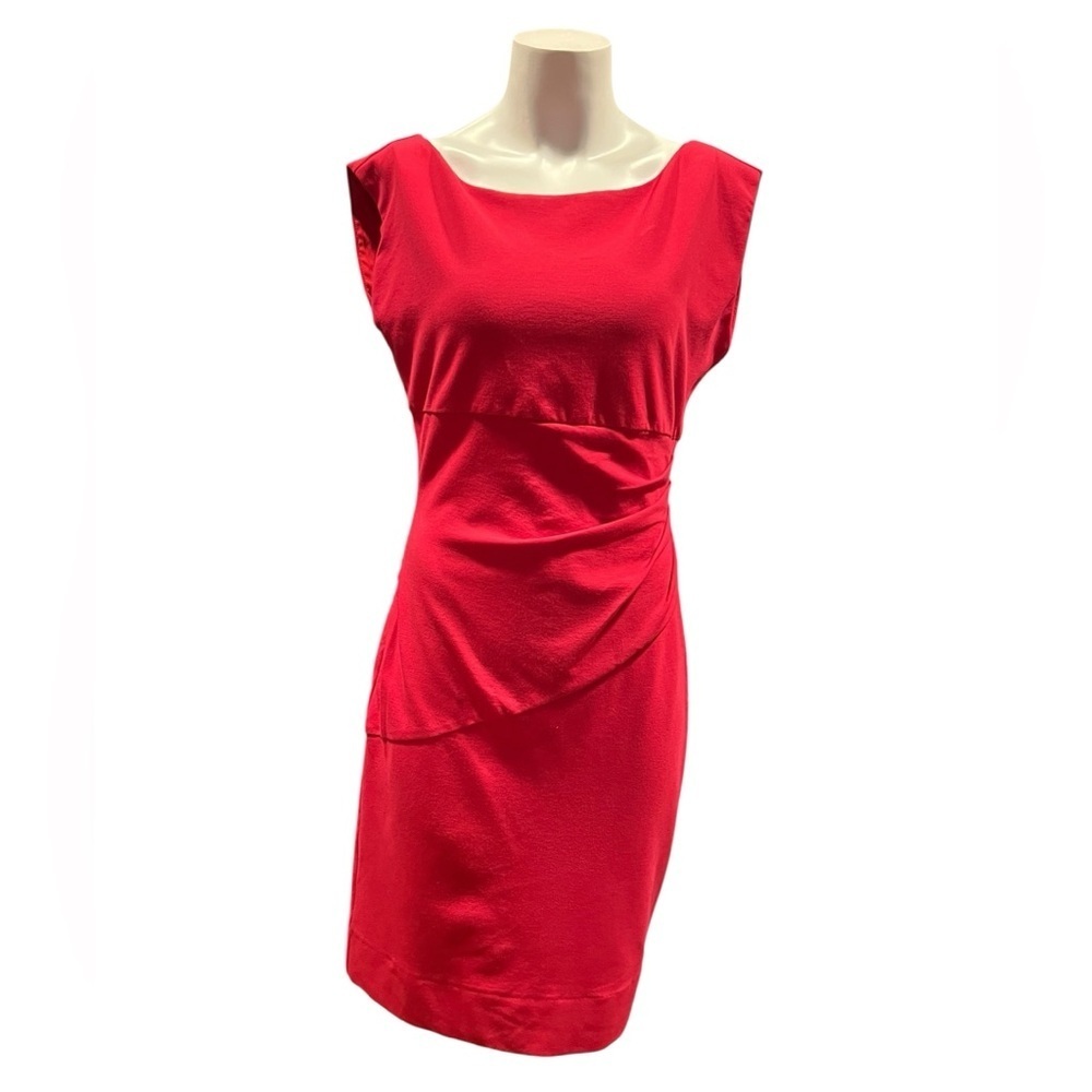 Diane von Furstenberg Dress Red Sheath Shirred Twist Waist Boat Neck.Size 12